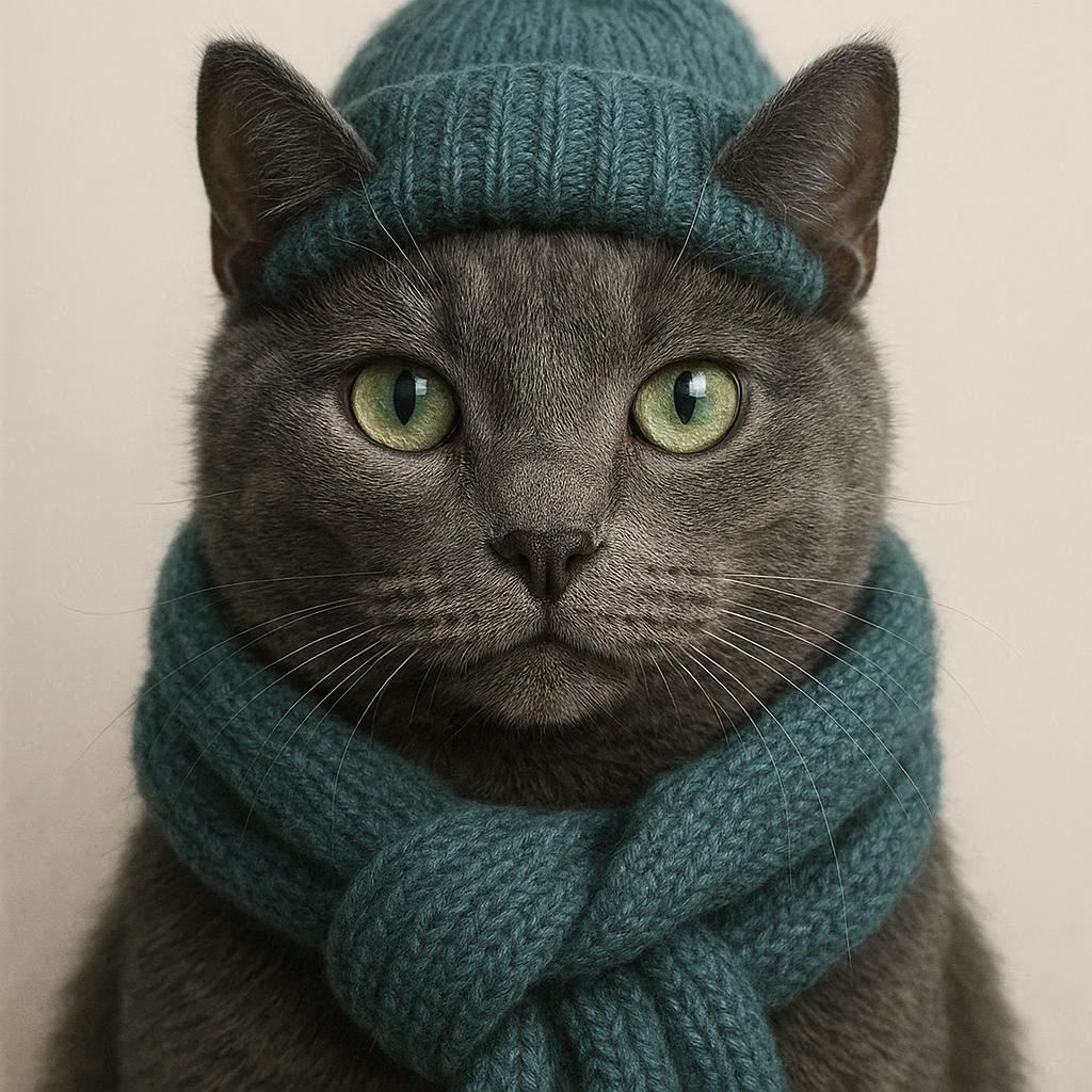 Highly realistic portrait of a grey cat with green eyes wearing a wool scarf and hat in teal color, light background.